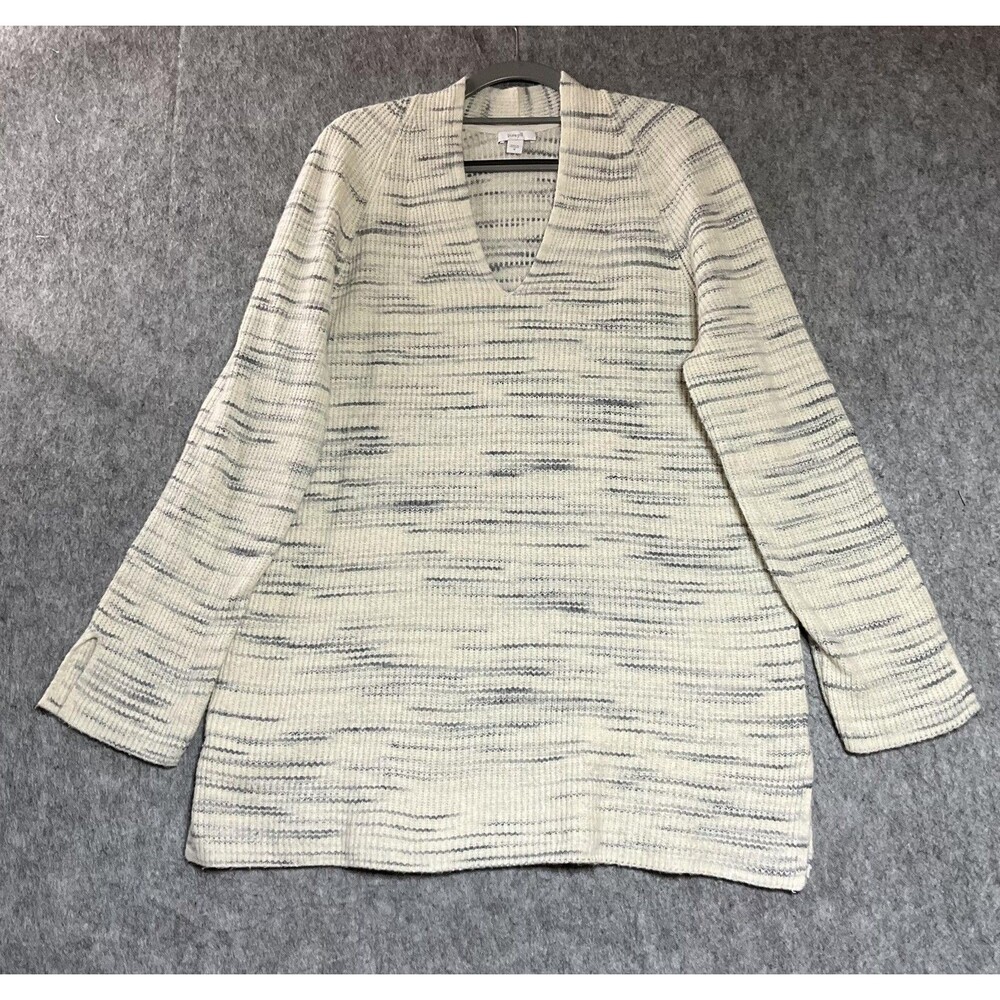 Pure Jill Sweater Tunic Womens Medium Cream Gray Striped Waffle Knit V Neck